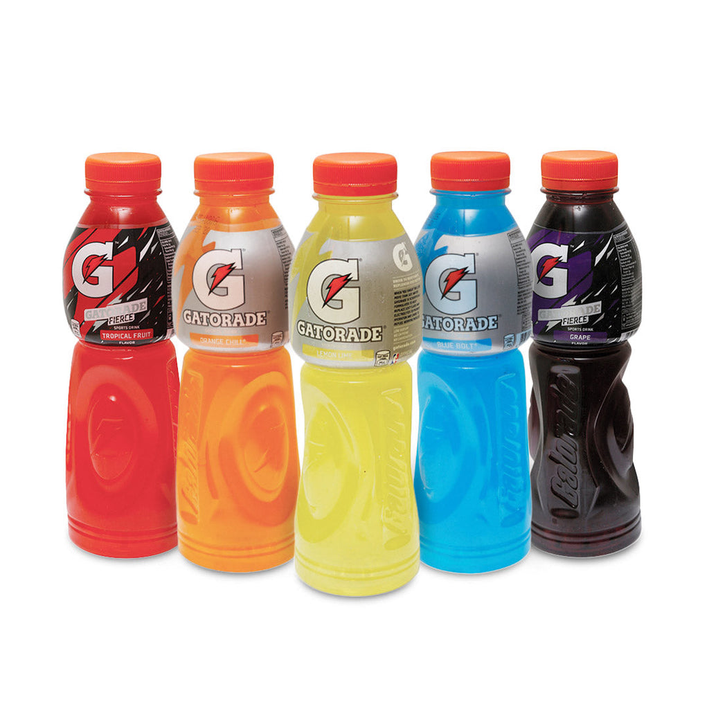Assorted Gatorade G-Series sports drinks in different flavors and sizes neatly displayed on a store shelf