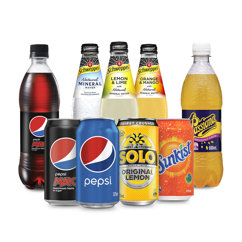 A collection of soft drinks featuring one bottle of Pepsi, three bottles of Schweppes, one Passiona, and four cans including Pepsi Max, Pepsi, Solo, and Sunkist