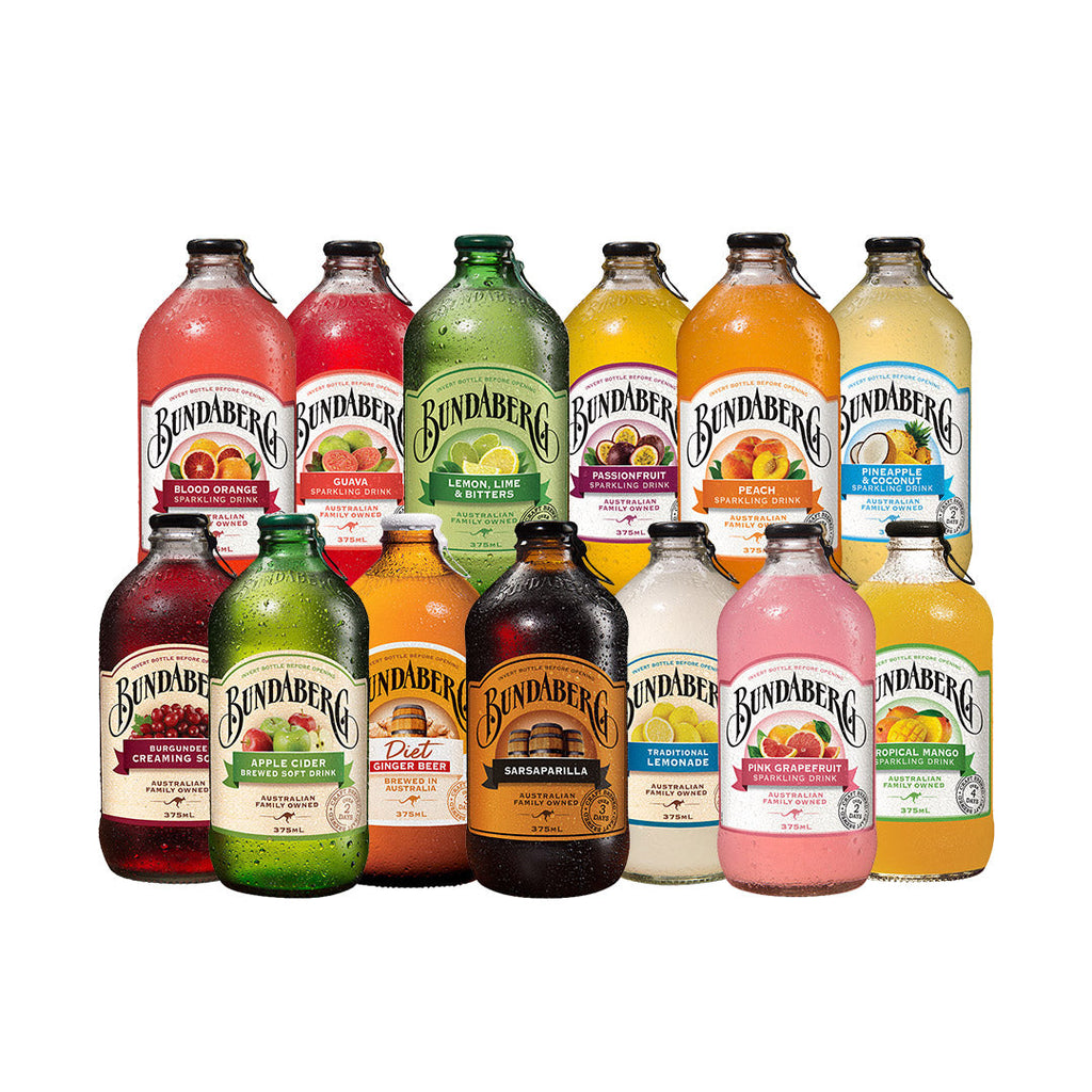 An arrangement of thirteen assorted Bundaberg bottles, displaying various flavors of the iconic beverages.