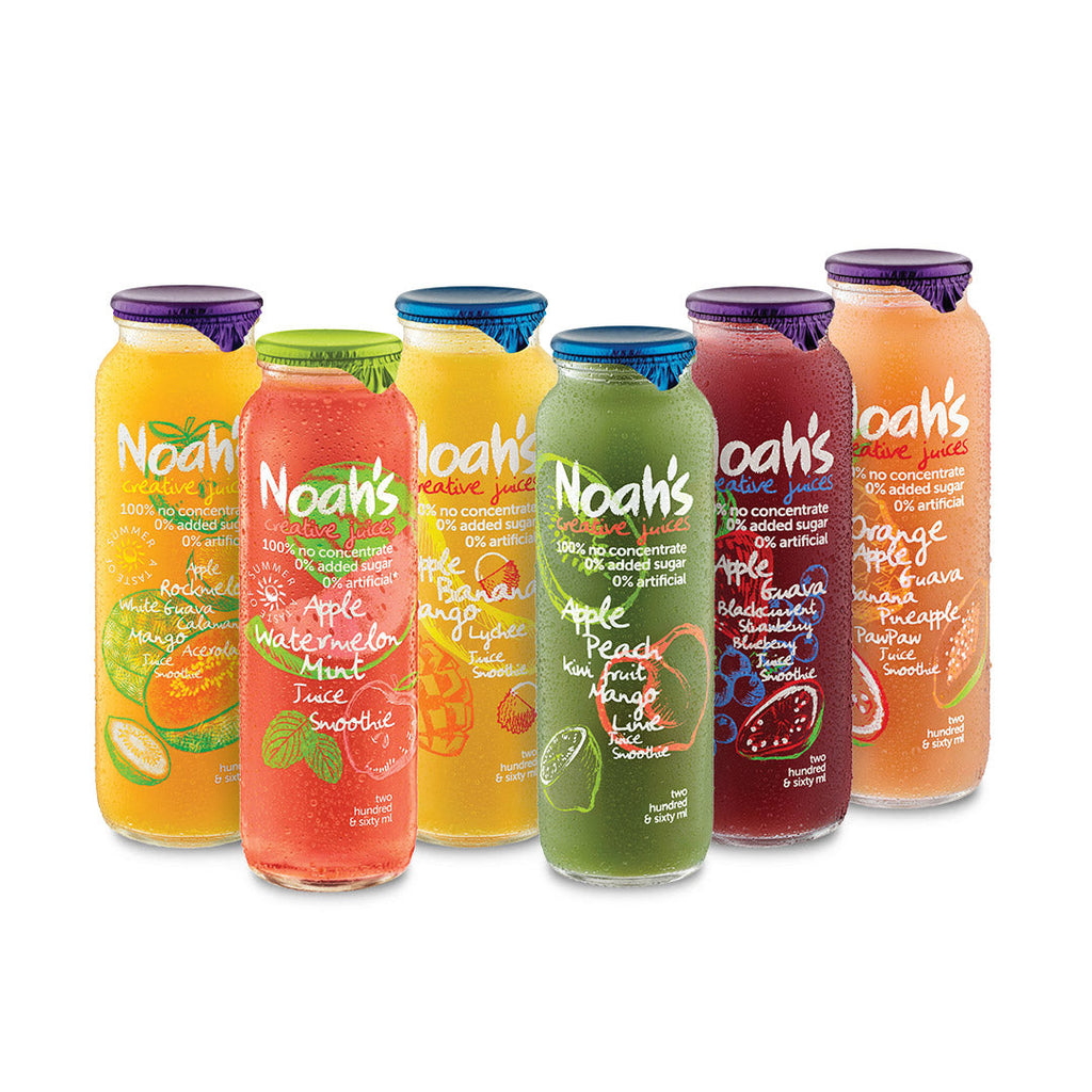 Noah's Creative Juices 260ml glass bottles - colorful, vibrant, and refreshing beverages in sleek glass containers.