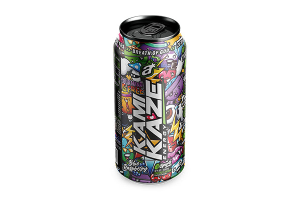 A can of kamikaze energy drink blue raspberry flavour