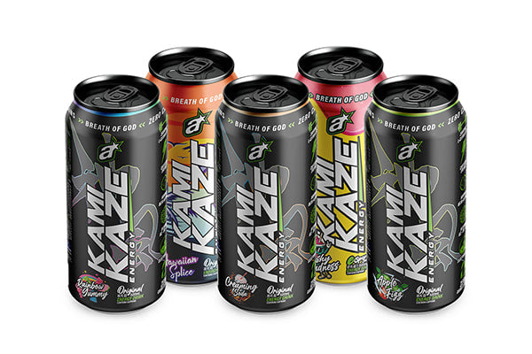 Five cans of kamikaze energy drink, different flavours