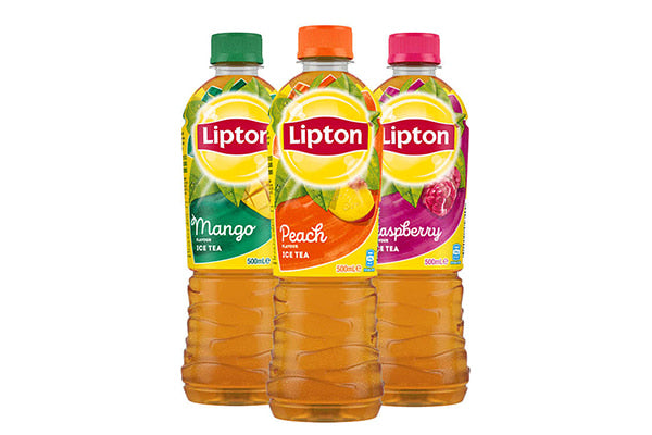 Three bottles of Lipton Ice Tea - Mango, peach, and raspberry flavours