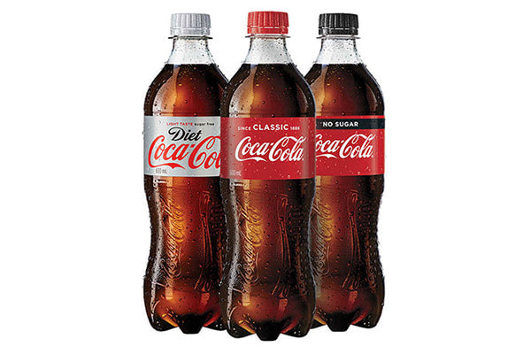 Three bottles 600ml coca cola - diet, classic and zero