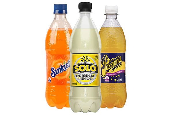 Three 600ml sunkist solo passiona bottles