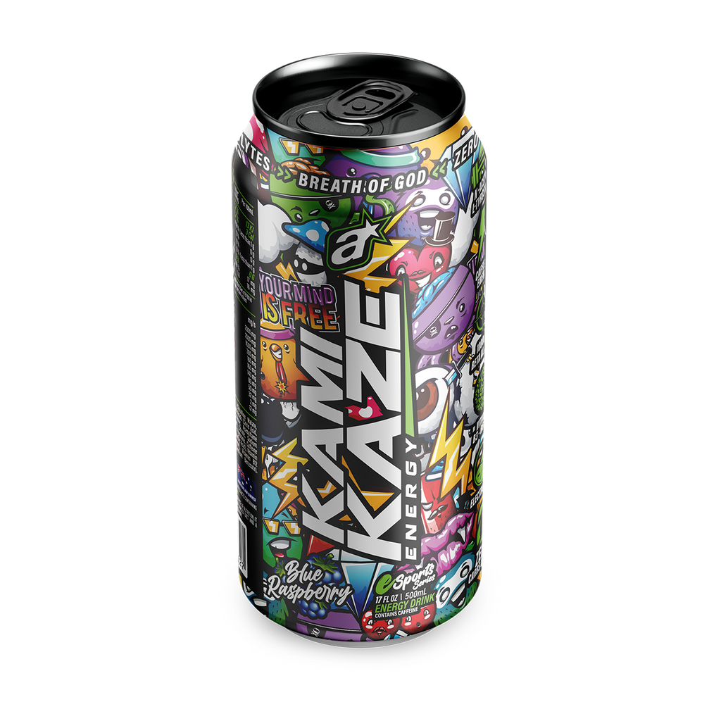 A can of kamikaze energy drink blue raspberry flavour