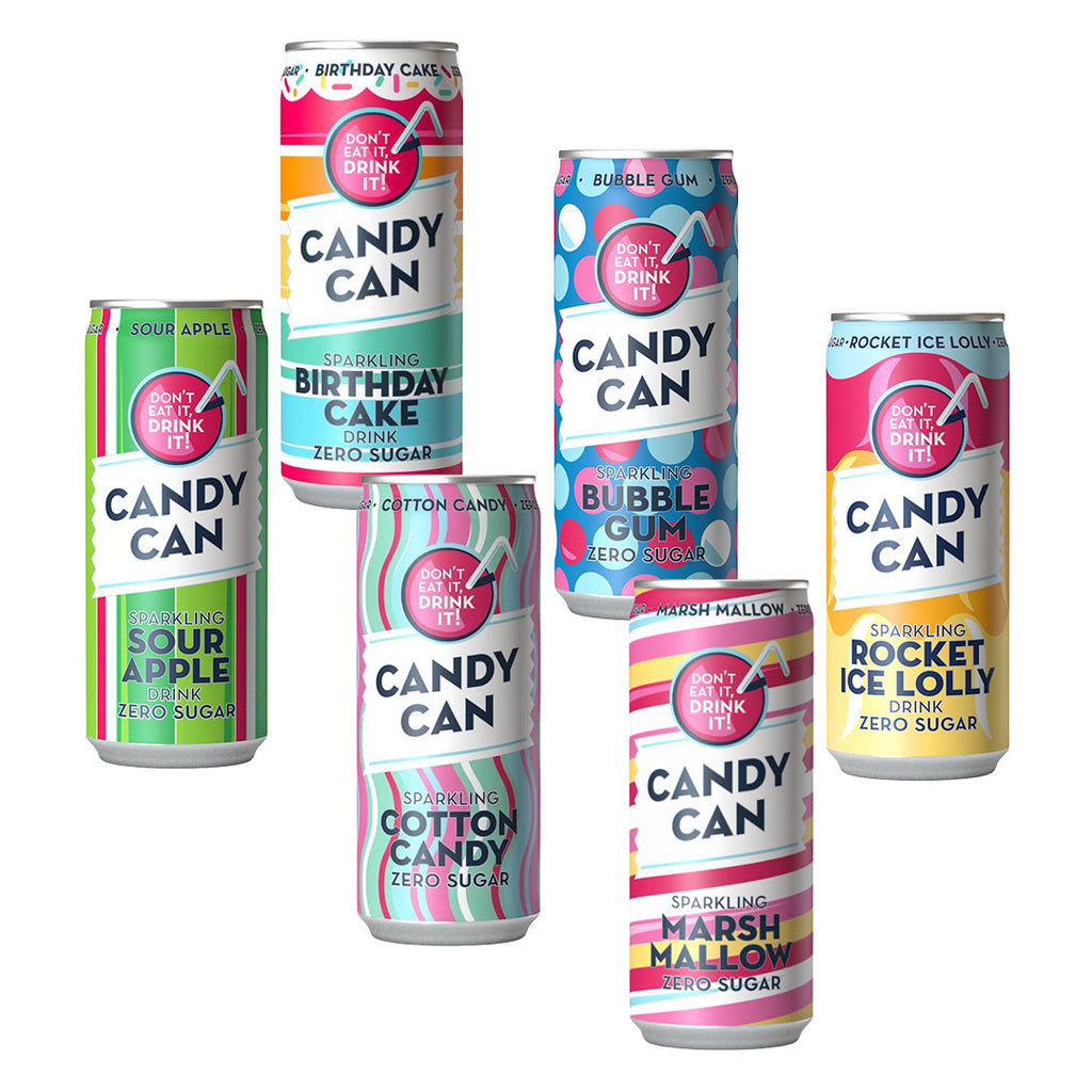 Six colorful Candy Can sparkling drink cans soaring in mid-air, each representing a different flavor with vibrant packaging