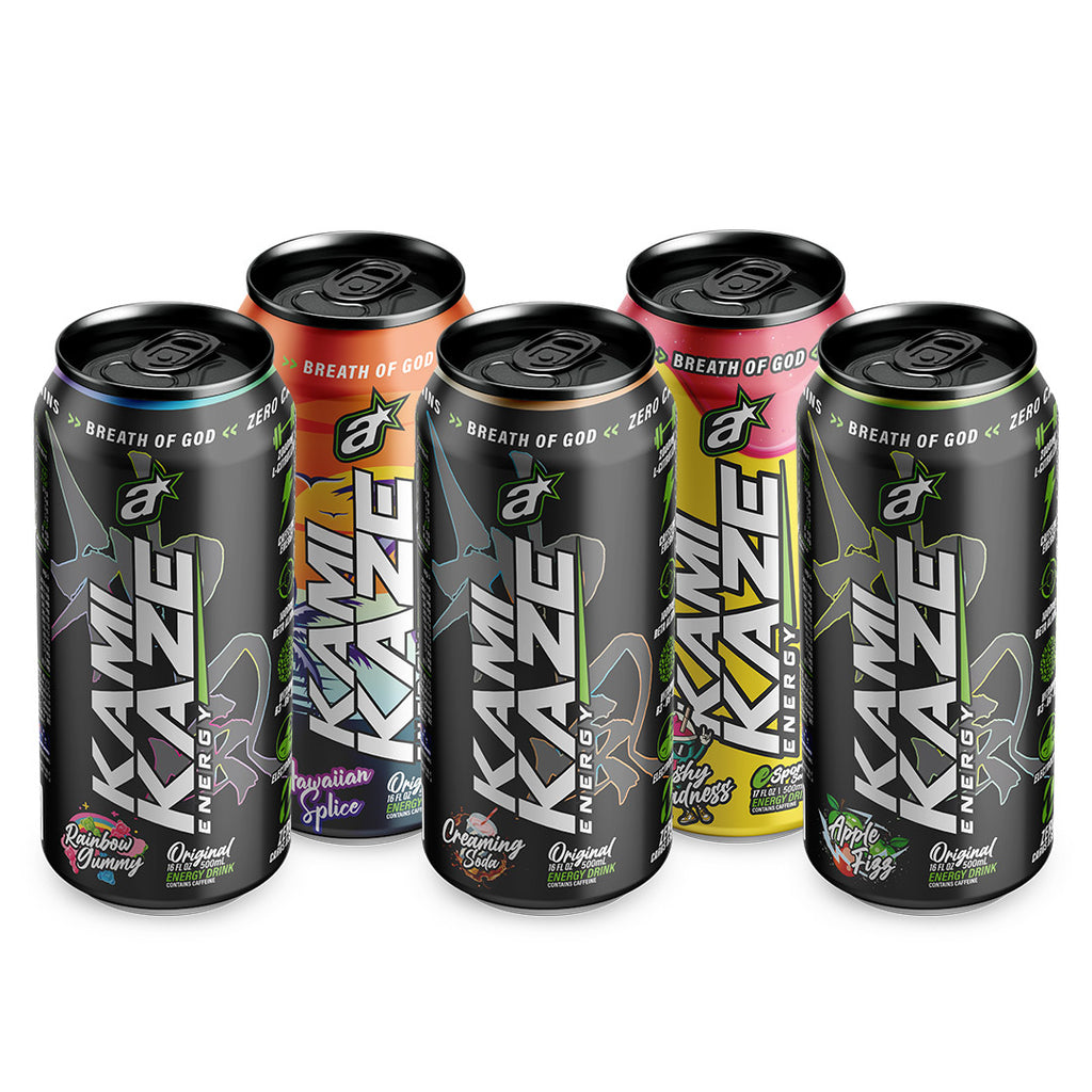 Five cans of kamikaze energy drink, different flavours